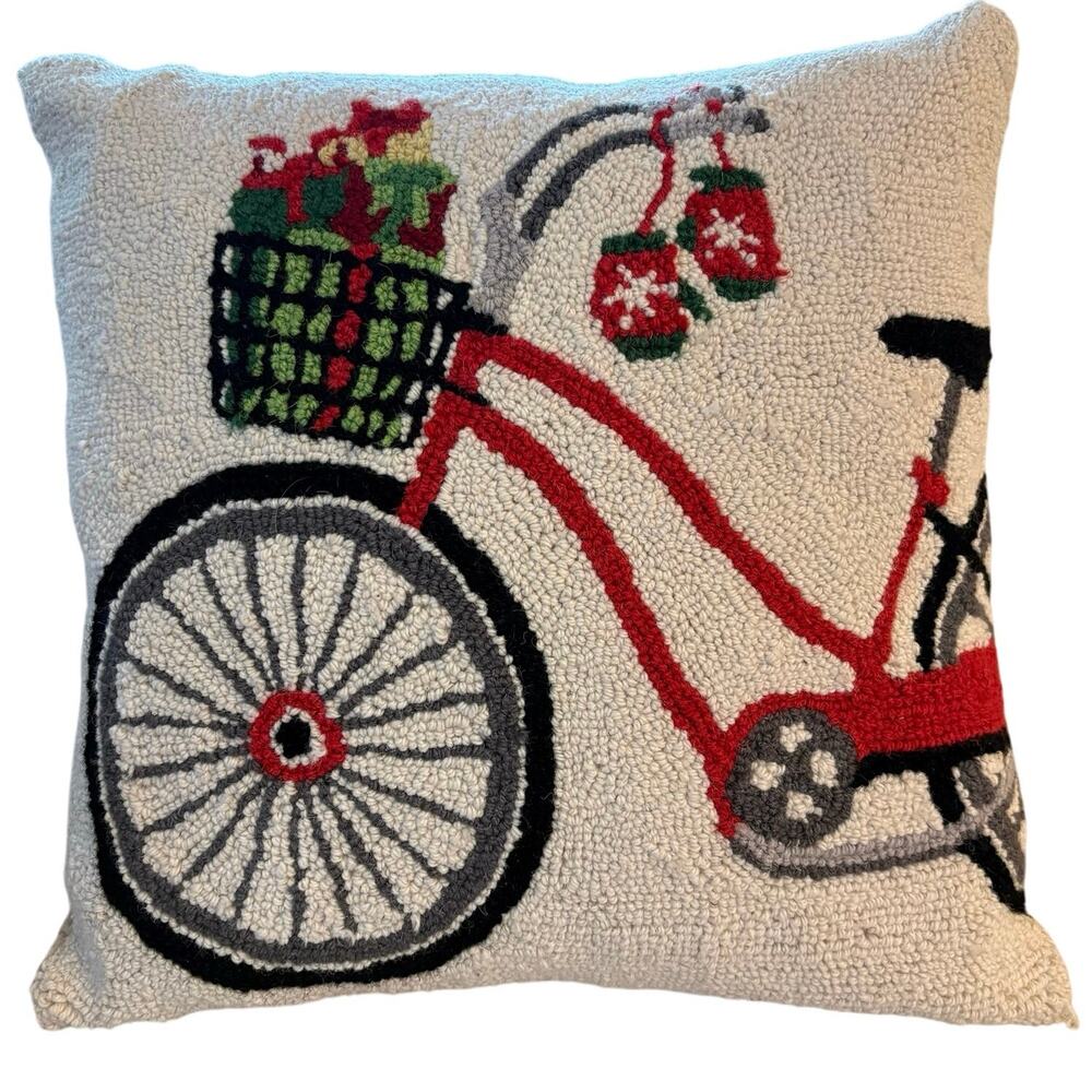 Peking Handicraft 100% Hooked Wool Holiday Pillow 18" Cream Bicycle Mittens